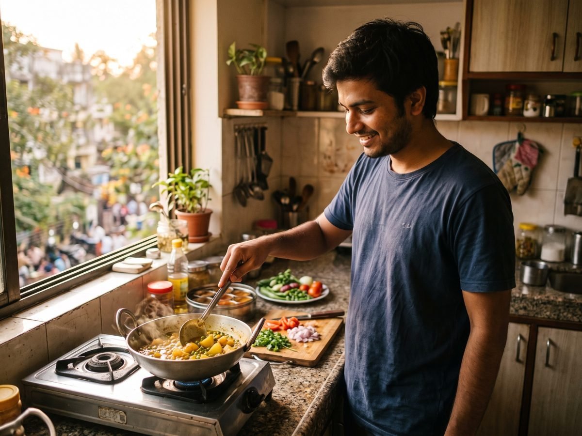 Bachelor cooking simple healthy meal at home